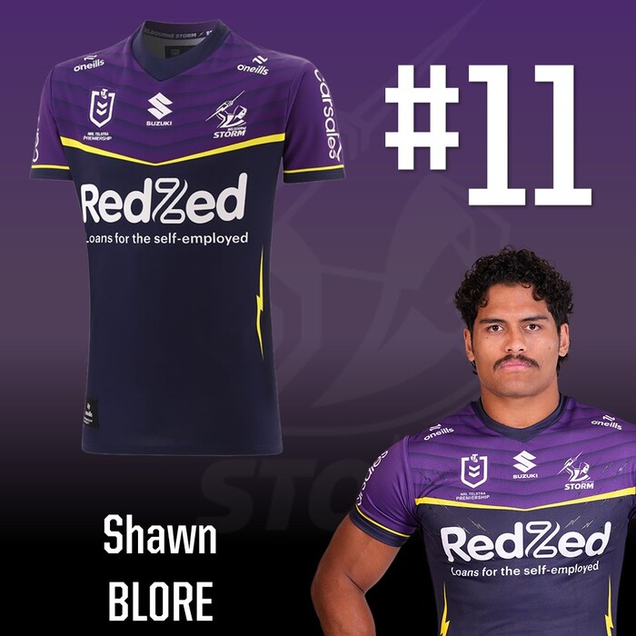 Photo of Shawn Blore #11 2025 Melbourne Storm Home Match-Worn Jersey