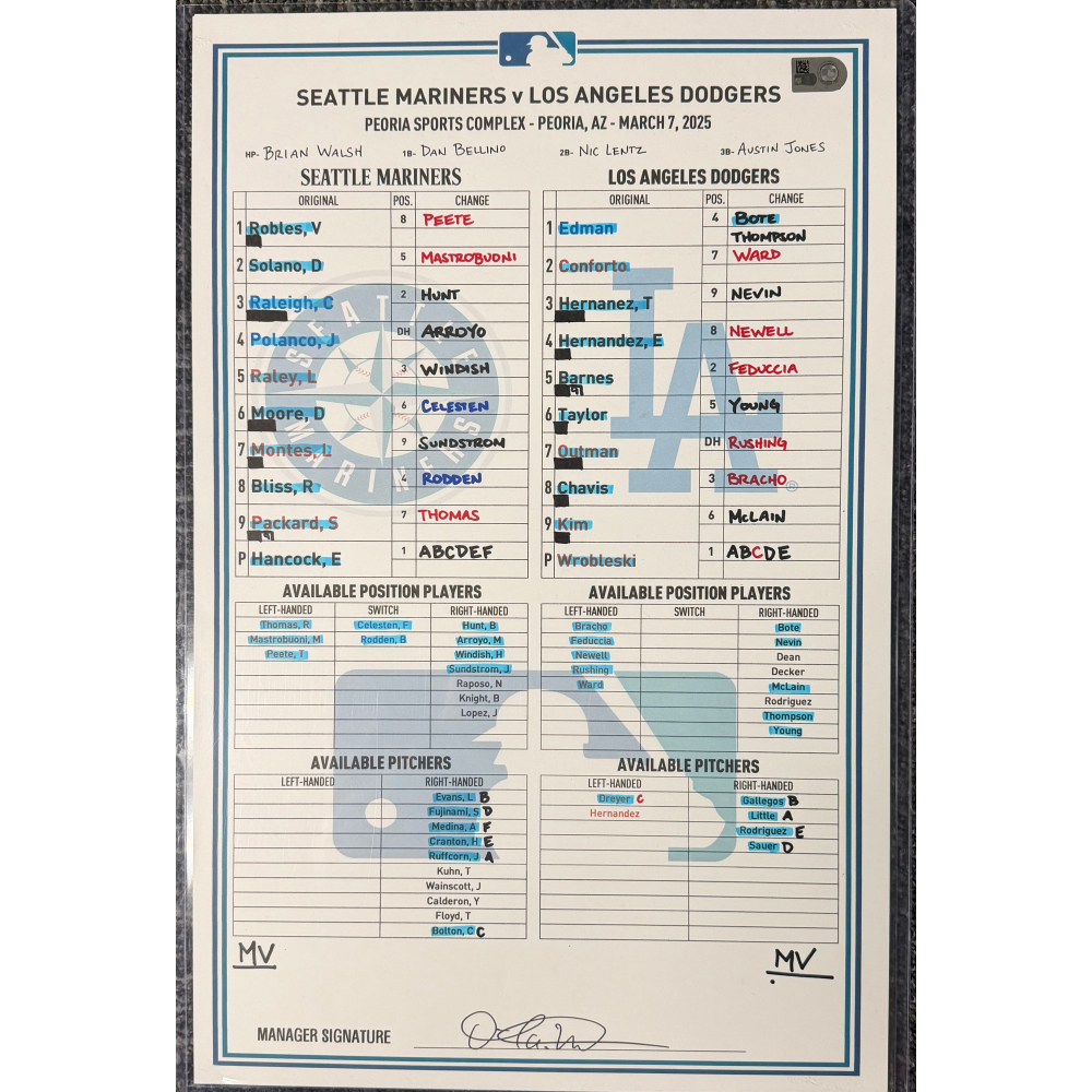 Game Used Spring Training Lineup Card - 3/7/2025 - AL West