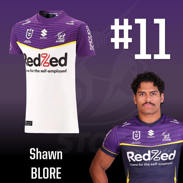 Photo of Shawn Blore #11 2025 Melbourne Storm Away Match-Worn Jersey