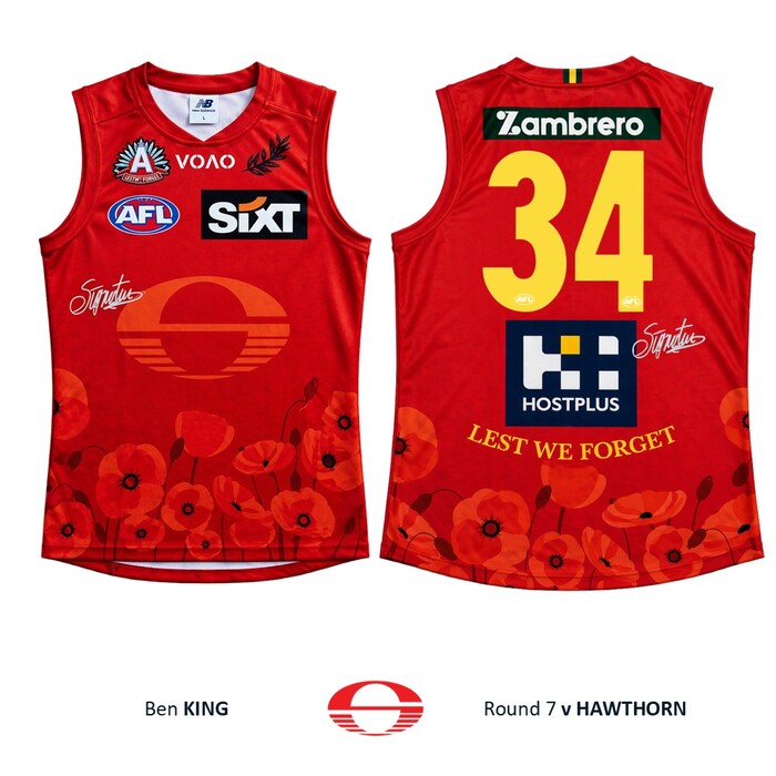 Photo of Ben King #34 Gold Coast SUNS ANZAC Appeal Round Match-Worn Guernsey