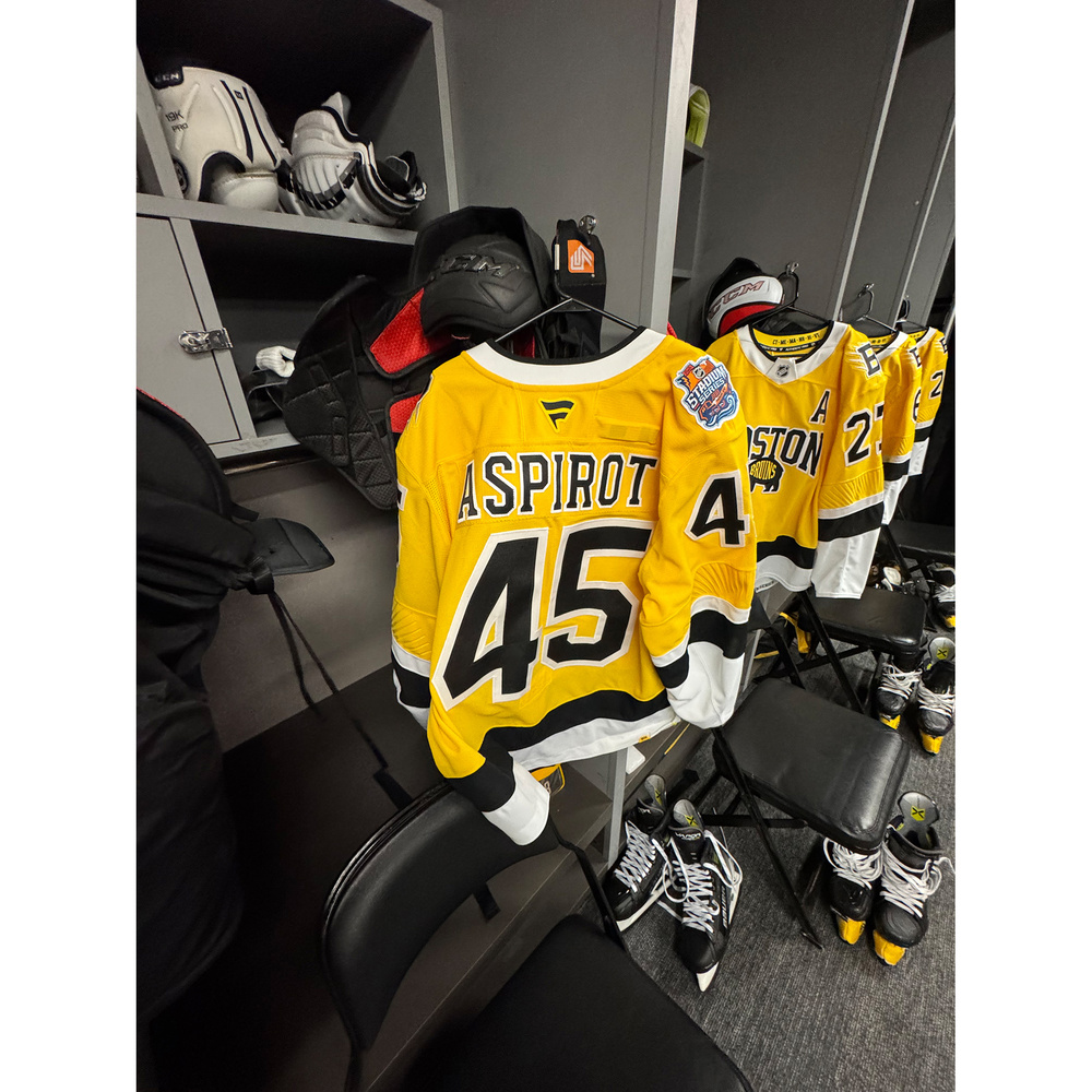 Jonathan Aspirot Boston Bruins #45 2026 NHL Stadium Series Game-Used Yellow Jersey - Worn During the 1st Period on February 1, 2026