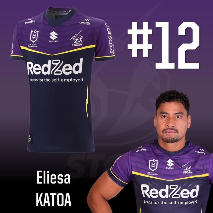 Photo of Eliesa Katoa #12 2025 Melbourne Storm Home Match-Worn Jersey