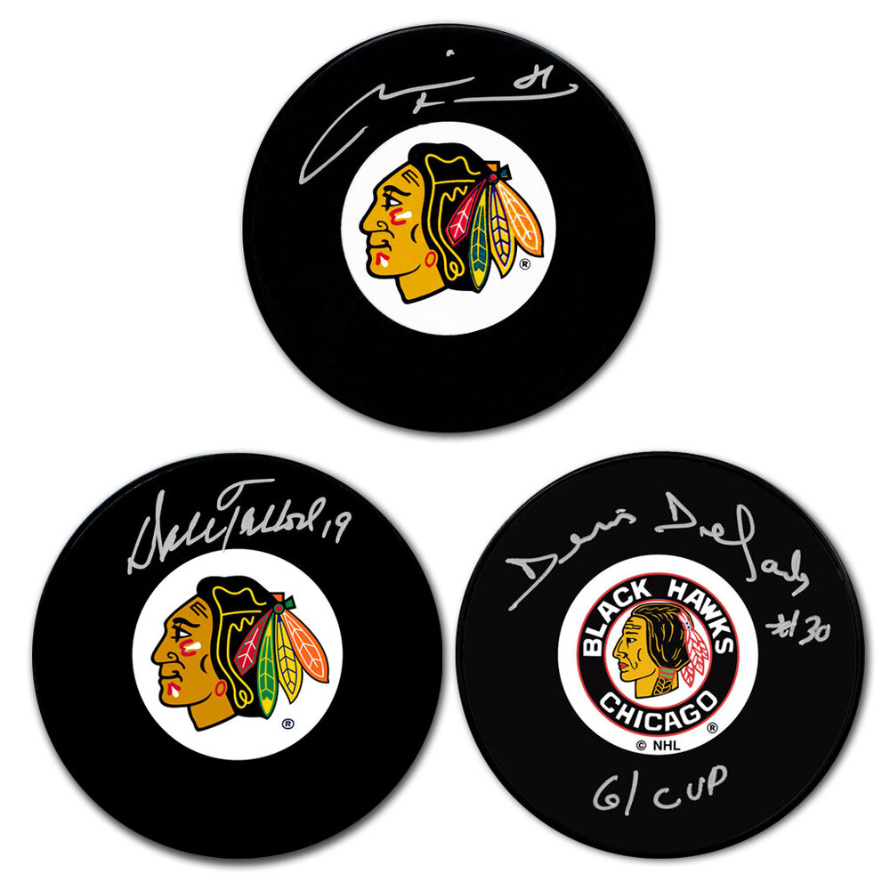 Marian Hossa, Dale Tallon & Denis DeJordy Autographed Chicago Blackhawks Hockey Puck Bundle