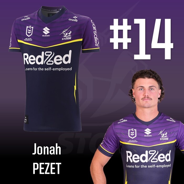 Photo of Jonah Pezet #14 2025 Melbourne Storm Home Match-Worn Jersey
