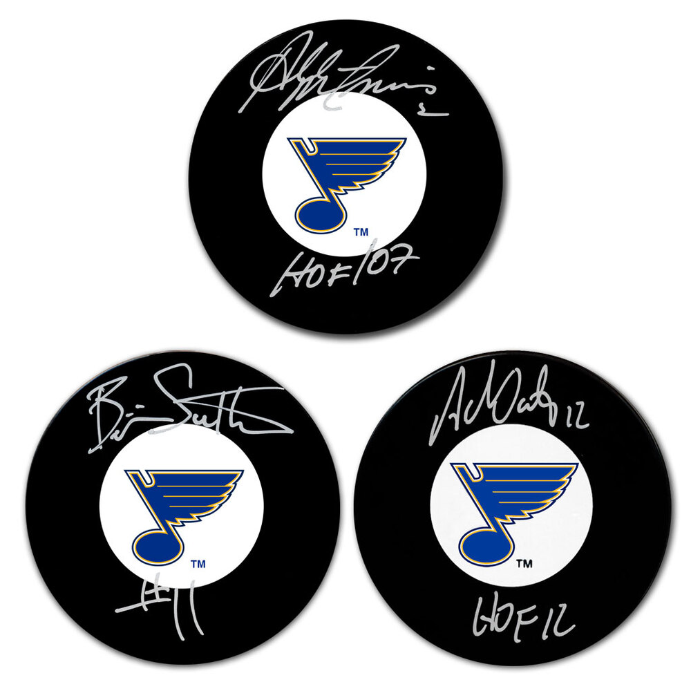 Al MacInnis, Brian Sutter & Adam Oates Autographed St. Louis Blues Hockey Puck Bundle