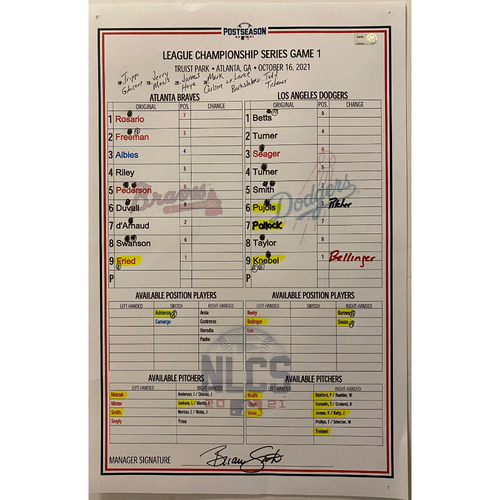 October 16, 2021 Game Used Lineup Card - Austin Riley Walk-Off Single - NLCS Game 1