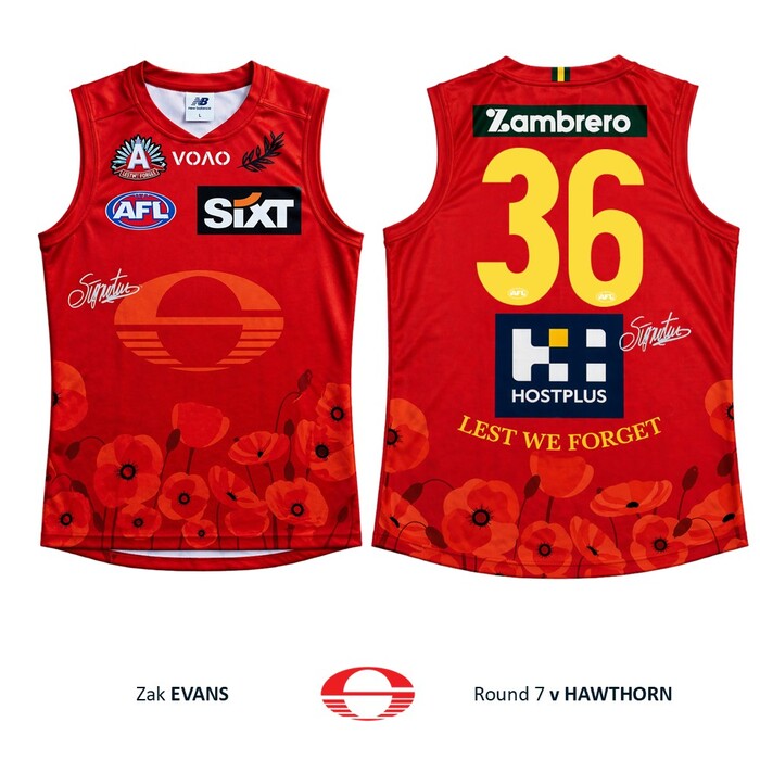 Photo of Zak Evans #36 Gold Coast SUNS ANZAC Appeal Round Player-Issue Guernsey