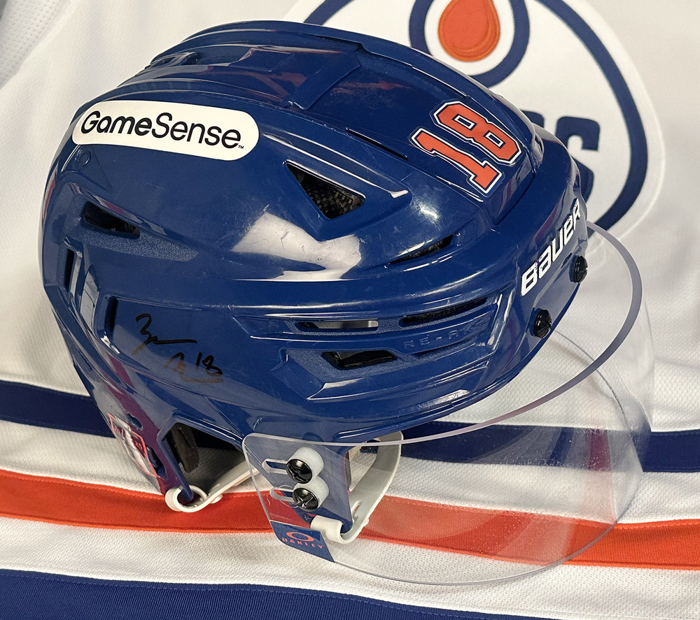 Zach Hyman #18 - Autographed 2024-25 Edmonton Oilers Game-Worn Royal Blue Bauer RE-AKT 150 Helmet - Worn For Regular Season & Play-offs!