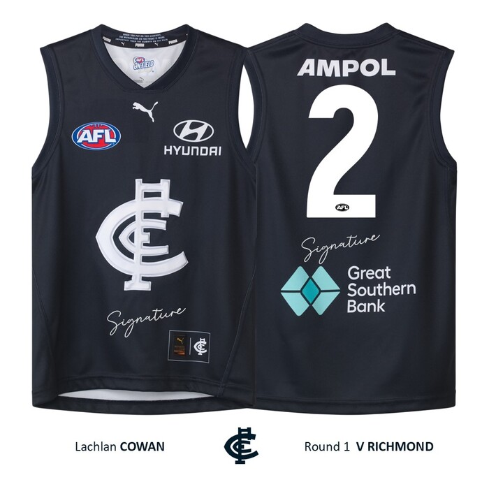 Photo of Lachie Cowan #2 Carlton Round 1 'Raised Monogram' Guernsey