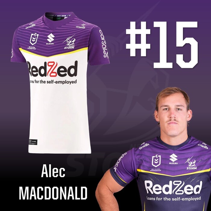 Photo of Alec MacDonald #15 2025 Melbourne Storm Away Match-Worn Jersey