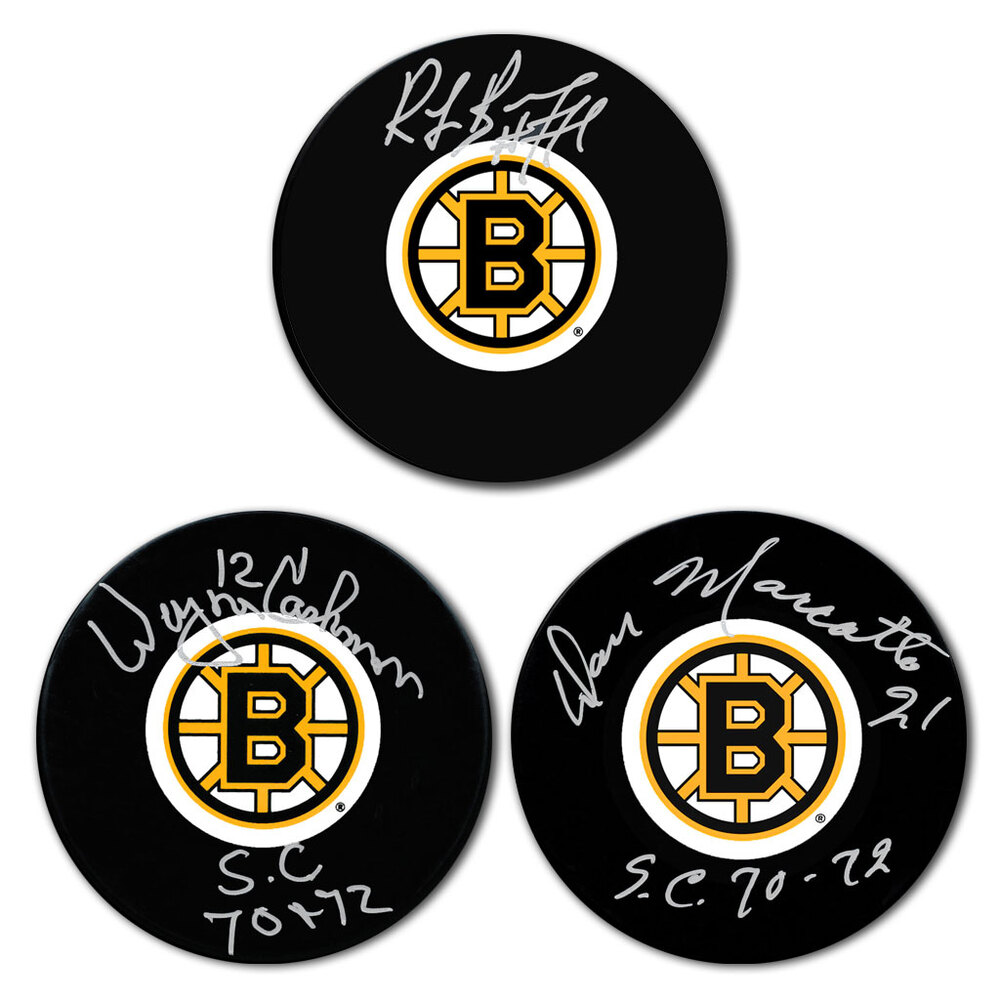 Ray Bourque, Don Marcotte & Wayne Cashman Autographed Boston Bruins Hockey Puck Bundle