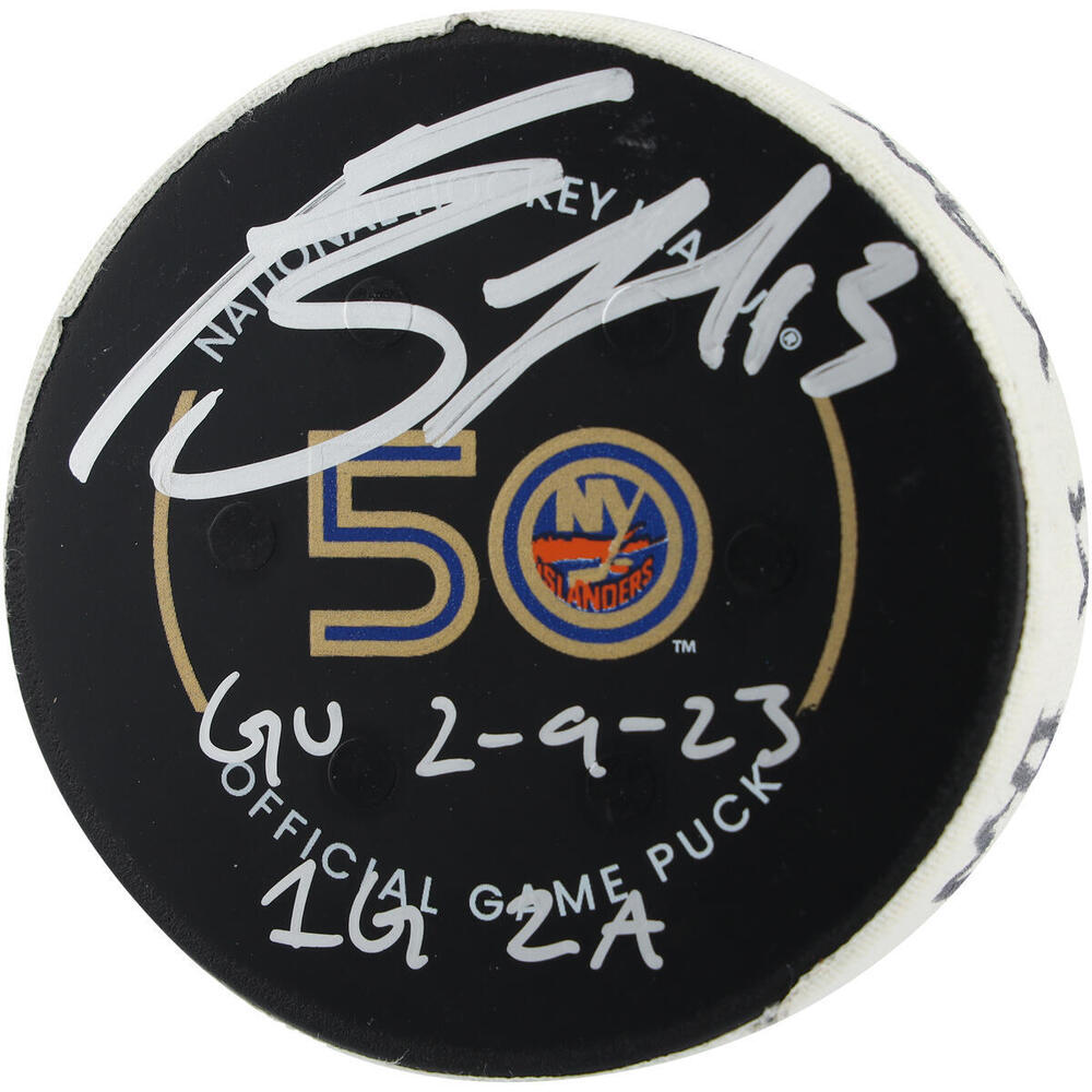 Mathew Barzal New York Islanders Autographed Game-Used Puck vs. Vancouver Canucks on February 9, 2023 with Multiple Inscriptions