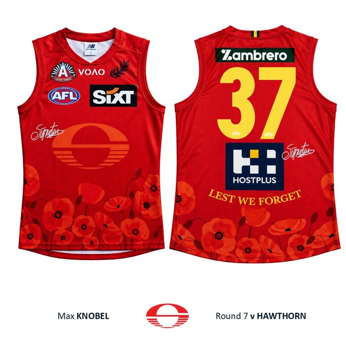 Photo of Max Knobel #37 Gold Coast SUNS ANZAC Appeal Round Player-Issue Guernsey