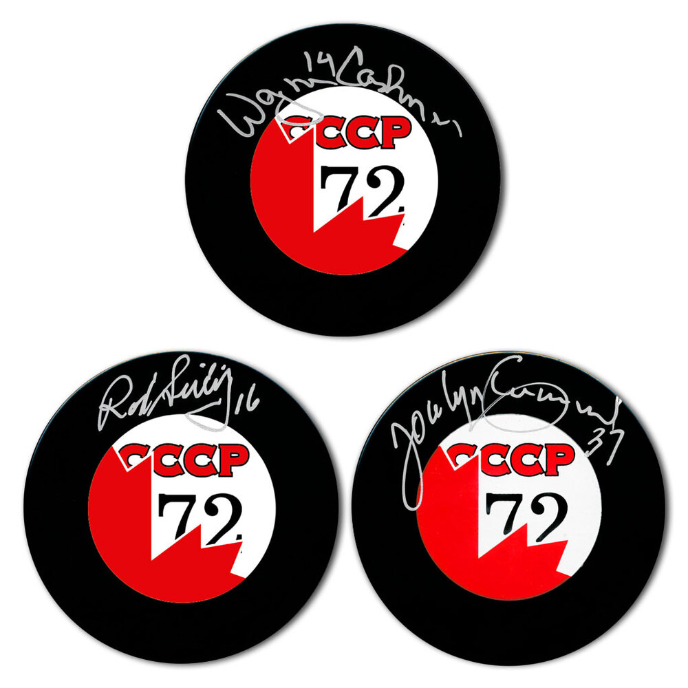 Rod Seiling, Wayne Cashman & Jocelyn Guevremont Autographed Team Canada 1972 Summit Series Hockey Puck Bundle