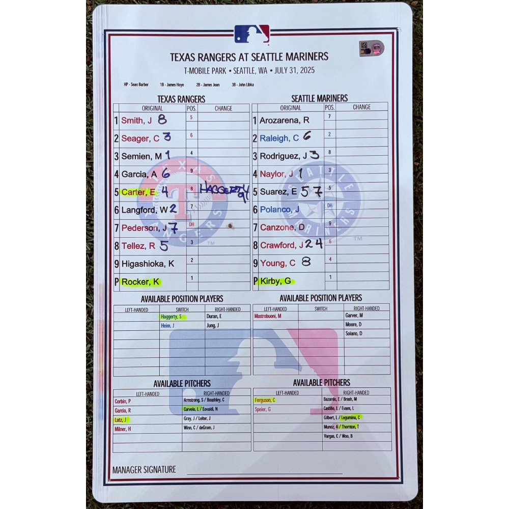 Texas Rangers 2025 Game-Used Dugout Lineup Card - Raleigh Sets