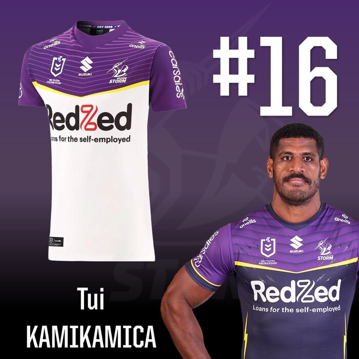 Photo of Tui Kamikamica #16 2025 Melbourne Storm Away Match-Worn Jersey