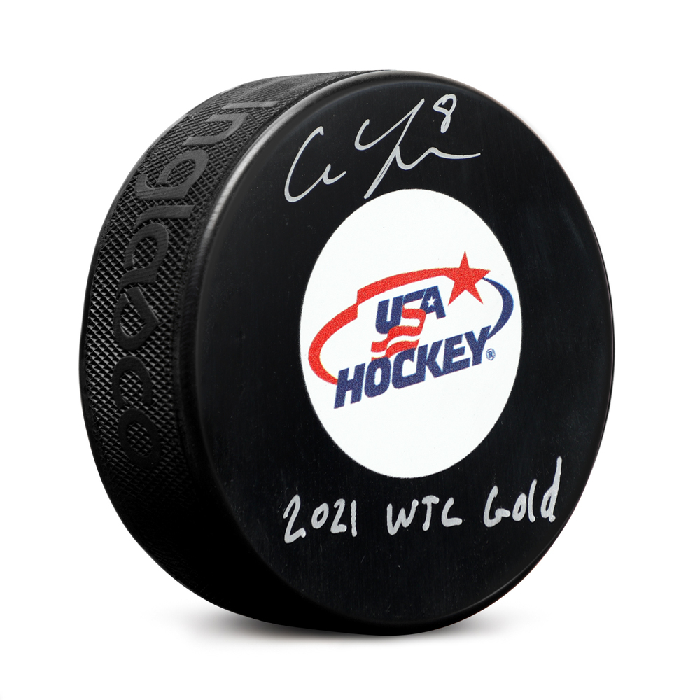 Cam York Autographed Team USA Hockey Puck with 2021 WJC Gold Note