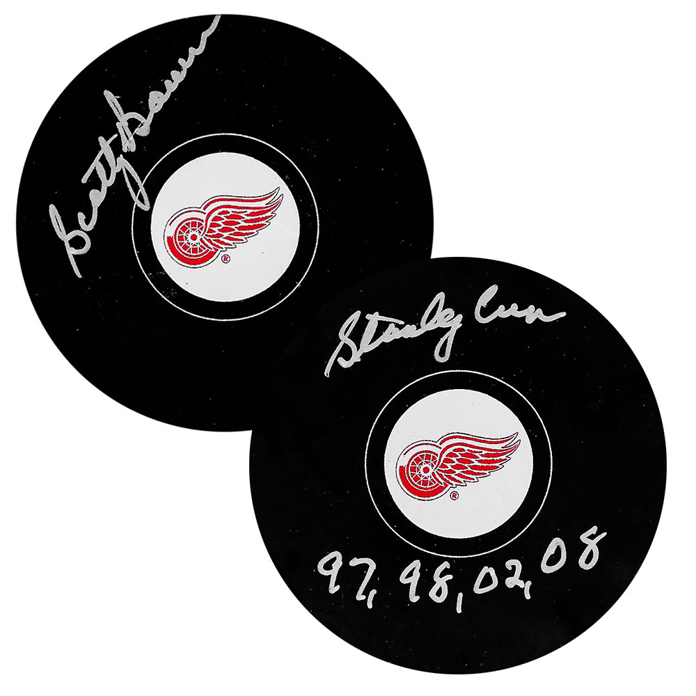 Scotty Bowman Autographed & Inscribed Detroit Red Wings Pucks