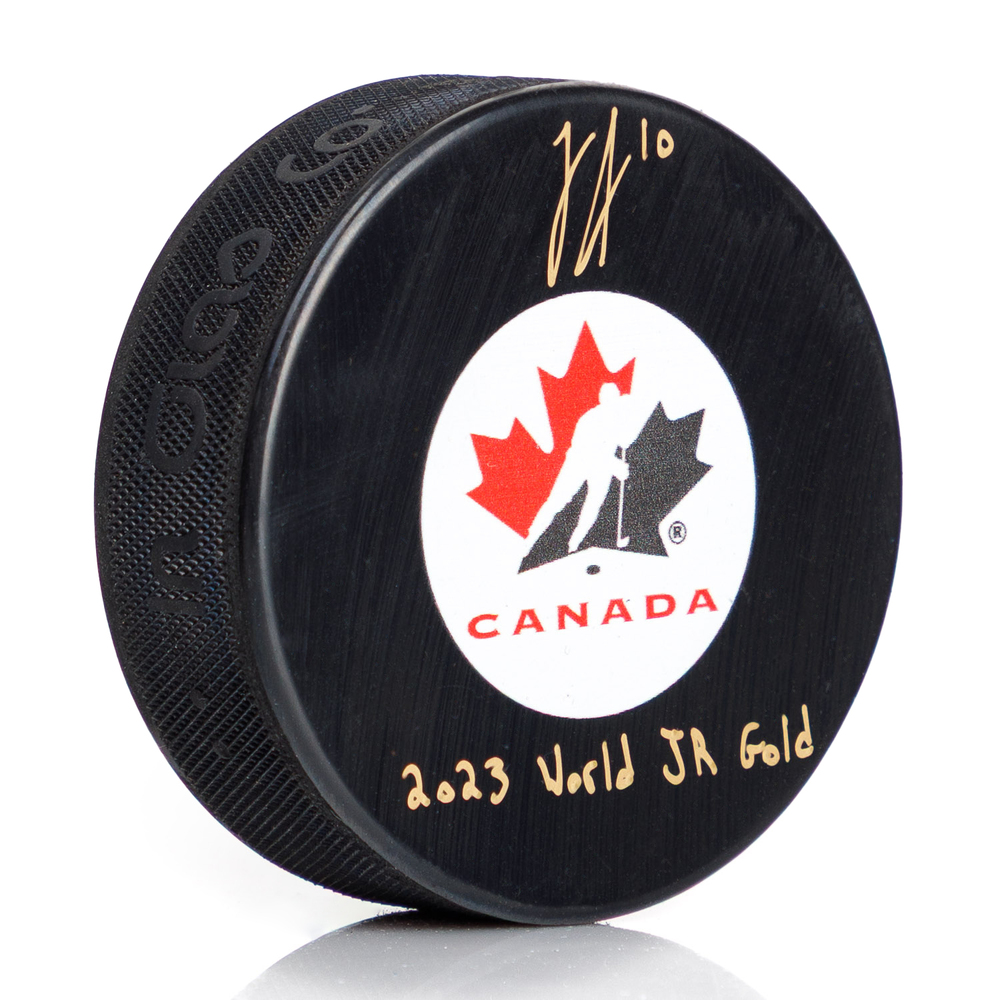 Logan Stankoven Signed Team Canada Hockey Puck with Jr Gold Note
