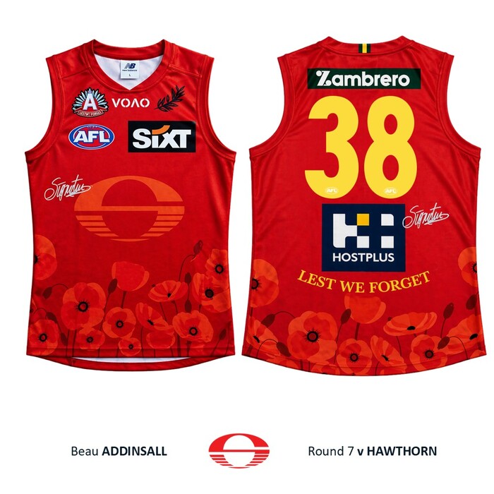 Photo of Beau Addinsall #38 Gold Coast SUNS ANZAC Appeal Round Player-Issue Guernsey