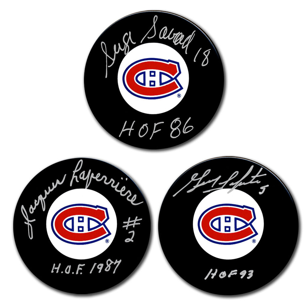 Serge Savard, Jacques Laperriere & Guy Lapointe Autographed Montreal Canadiens Hockey Puck Bundle