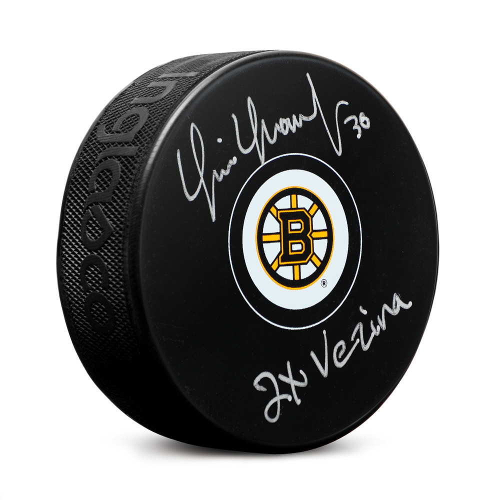 Tim Thomas Signed Boston Bruins Hockey Puck with 2x Vezina Note