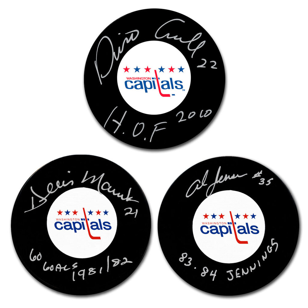 Dino Ciccarelli, Dennis Maruk & Al Jensen Autographed Washington Capitals Hockey Puck Bundle