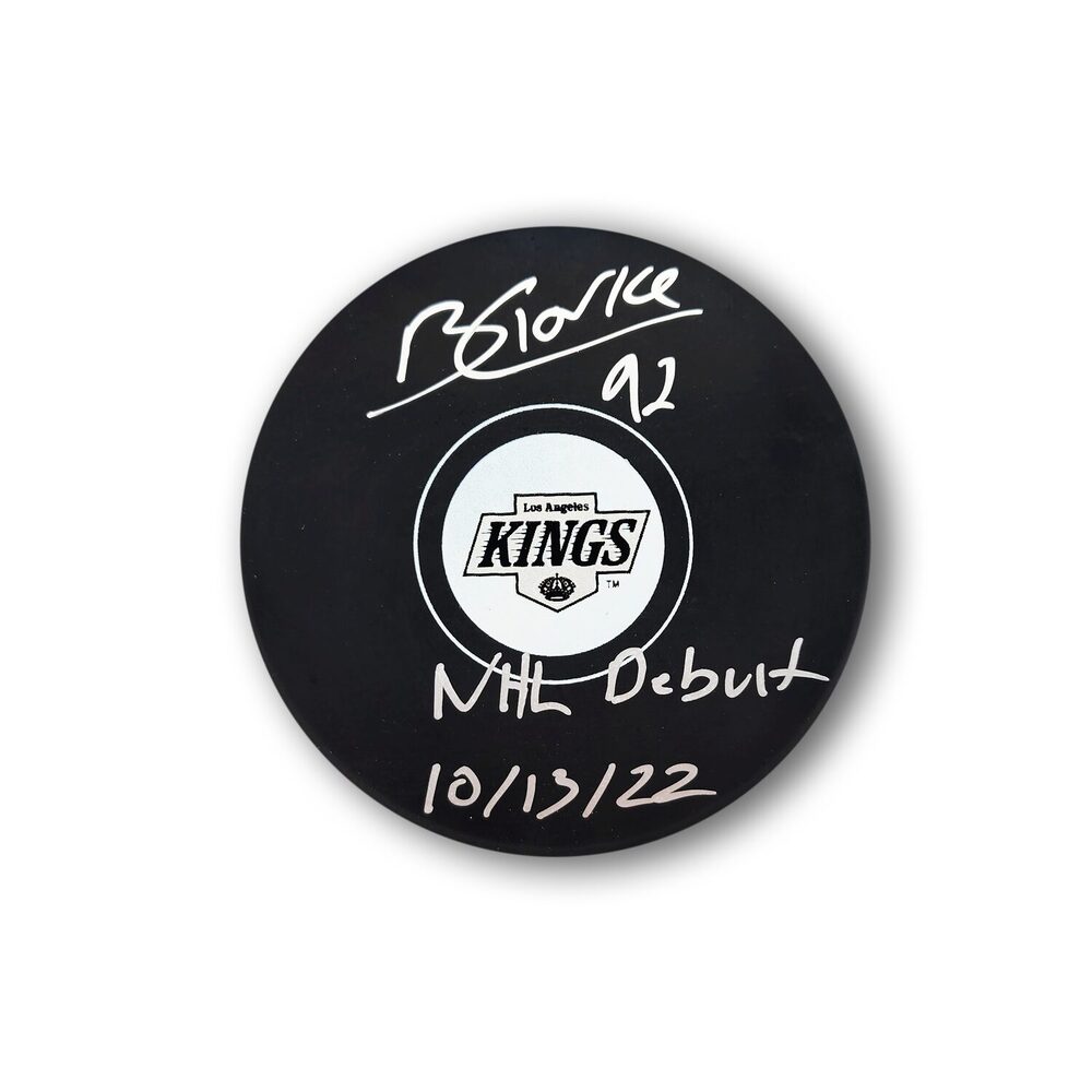 Brandt Clarke Autographed Los Angeles Kings Hockey Puck Inscribed NHL Debut