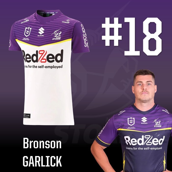 Photo of Bronson Garlick #18 2025 Melbourne Storm Away Player-Issue Jersey