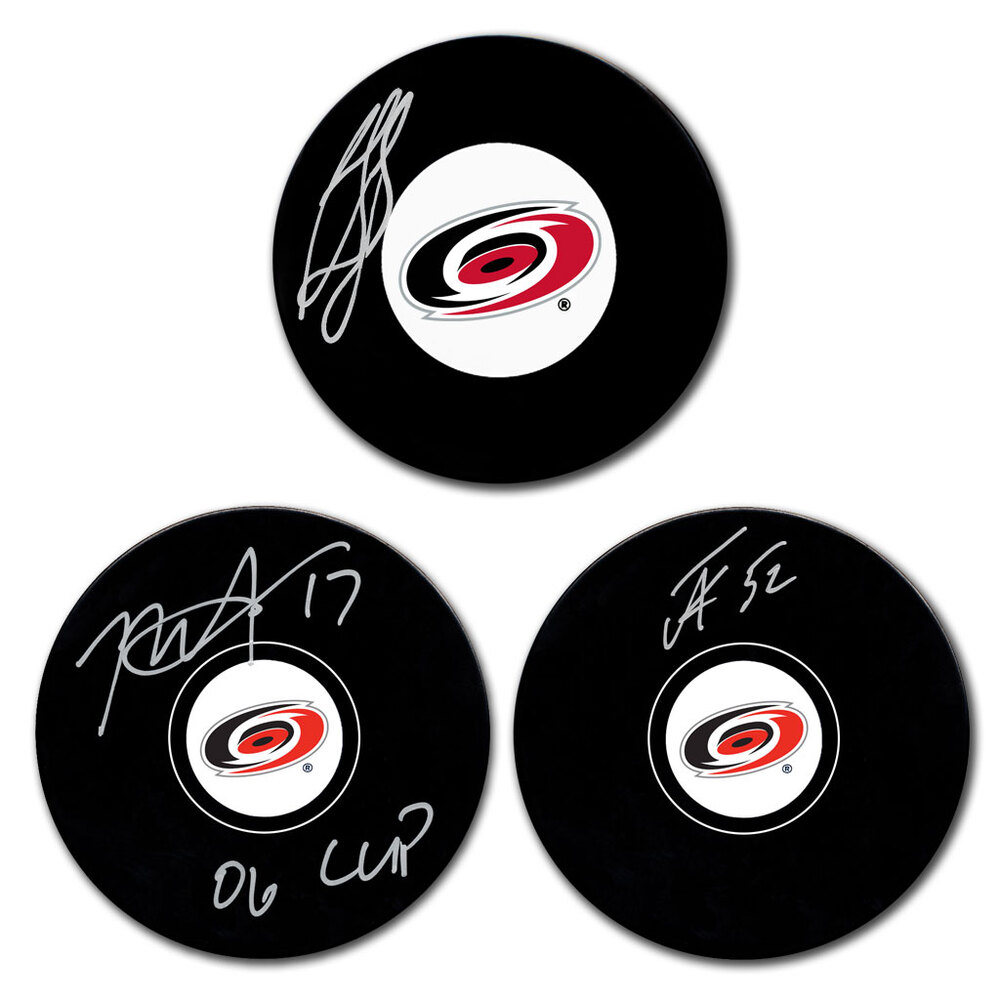 Ron Francis, Rod Brind'Amour & Pyotr Kochetkov Autographed Carolina Hurricanes Hockey Puck Bundle