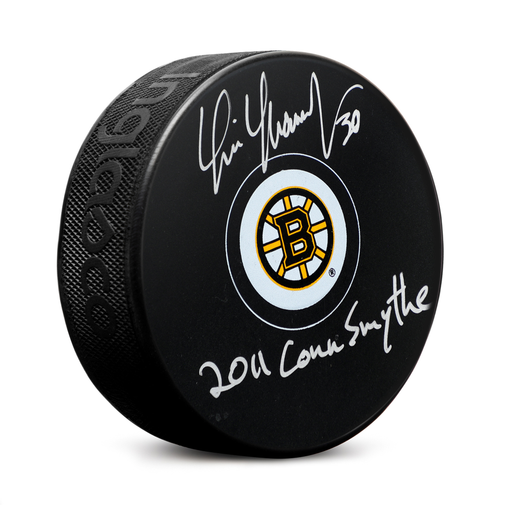 Tim Thomas Signed Boston Bruins Hockey Puck with 2011 Conn Smythe Note
