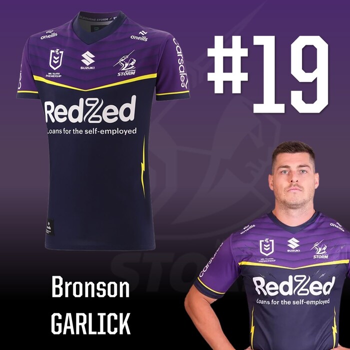 Photo of Bronson Garlick #19 2025 Melbourne Storm Home Player-Issue Jersey