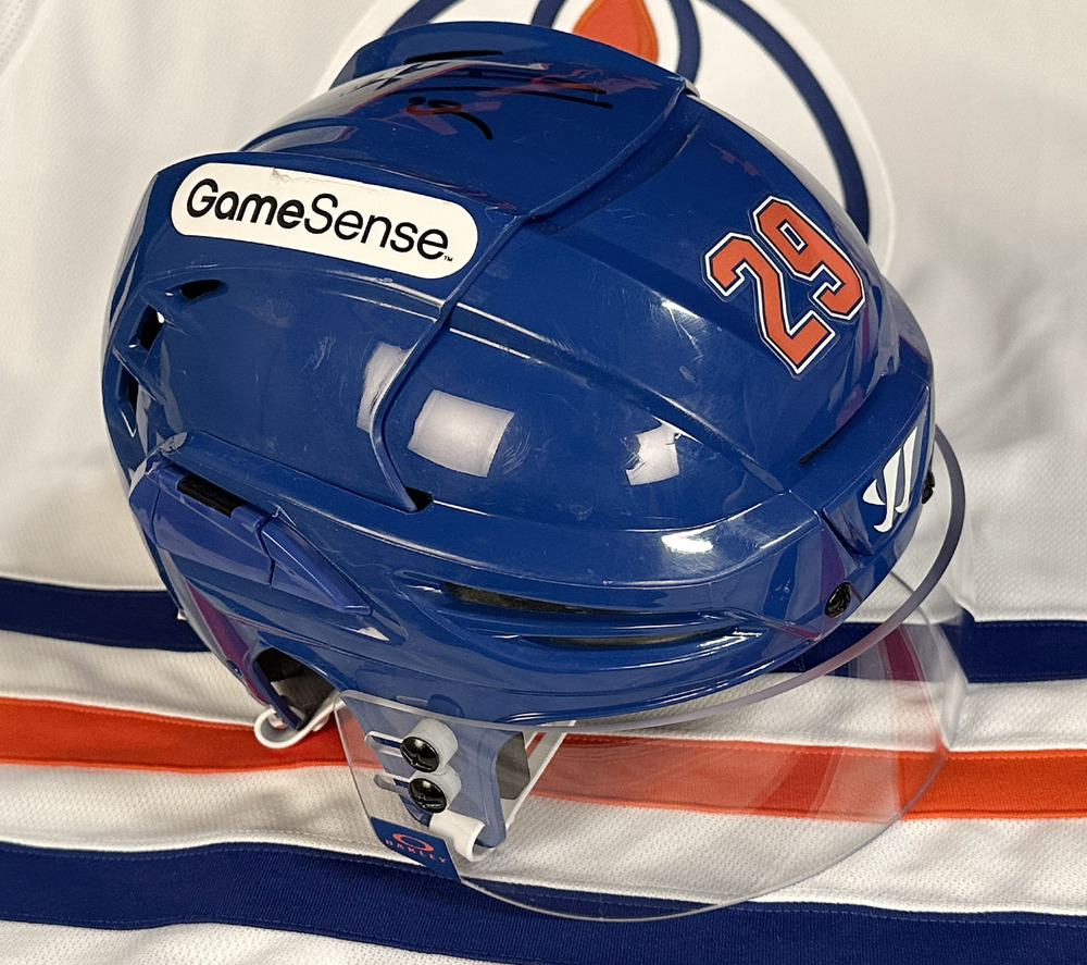 Leon Draisaitl #29 - Autographed 2024-25 Edmonton Oilers Game-Worn Royal Blue Warrior Covert PX2 Helmet - Worn From Game #3 of WCF Through Stanley Cup Final!