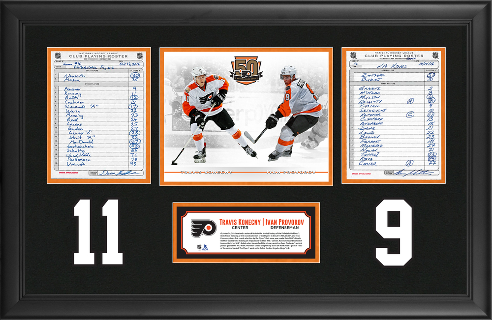 Philadelphia Flyers Framed Original Line-Up Cards From October 14, 2016,  Both Travis Konecny and Ivan Provorov NHL Debuts & 1st Points