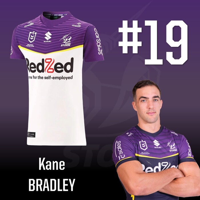 Photo of Kane Bradley #19 2025 Melbourne Storm Away Match-Worn Jersey
