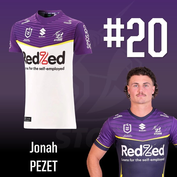 Photo of Jonah Pezet #20 2025 Melbourne Storm Away Player-Issue Jersey