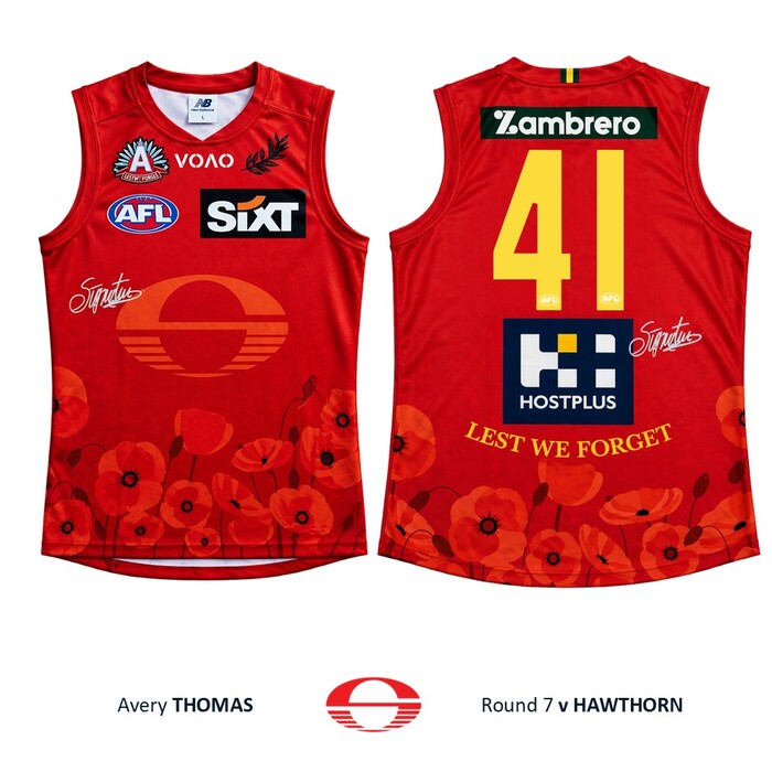 Photo of Avery Thomas #41 Gold Coast SUNS ANZAC Appeal Round Player-Issue Guernsey