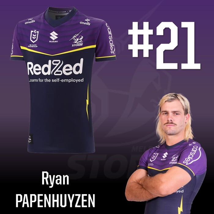 Photo of Ryan Papenhuyzen #21 2025 Melbourne Storm Home Match-Worn Jersey