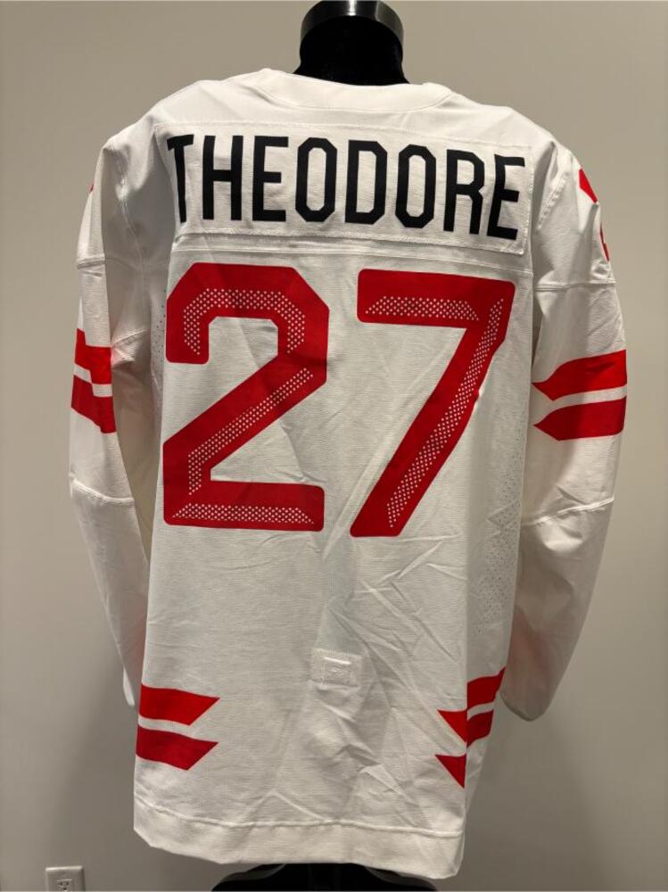 Shea Theodore Canada Game-Used White Jersey worn v. Czechia on February 12, 2026, as a part of the 2026 Milano Cortina Winter Games.