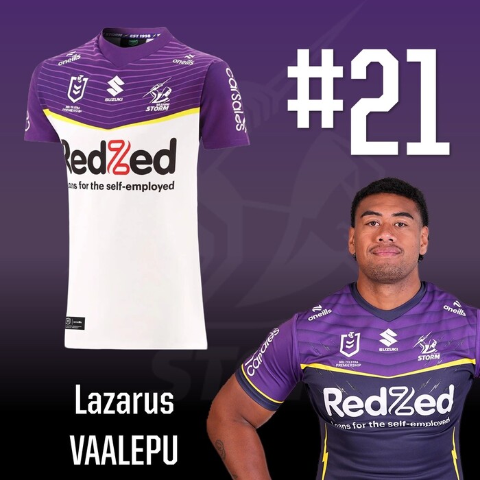 Photo of Lazarus Vaalepu #21 2025 Melbourne Storm Away Player-Issue Jersey