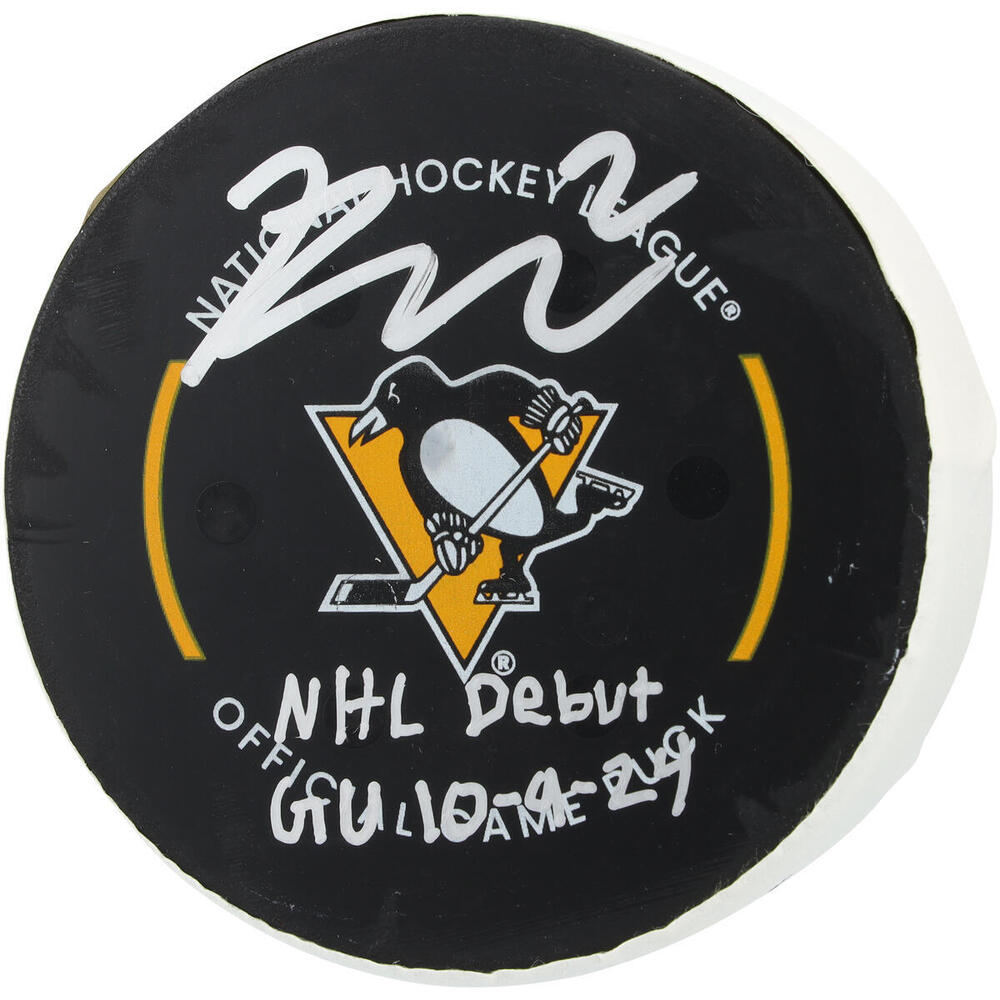 Rutger McGroarty Pittsburgh Penguins Autographed Game-Used Puck vs. New York Rangers on October 9, 2024 with Multiple Inscriptions