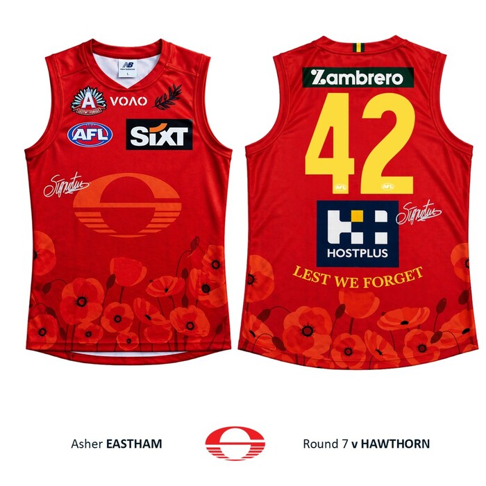 Photo of Asher Eastham #42 Gold Coast SUNS ANZAC Appeal Round Player-Issue Guernsey