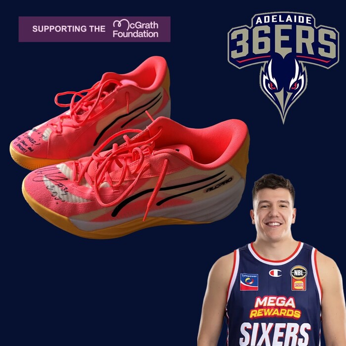 Photo of Dejan Vasiljevic 2026 Adelaide 36ers Signed Pink Hoops Match-Worn Shoes