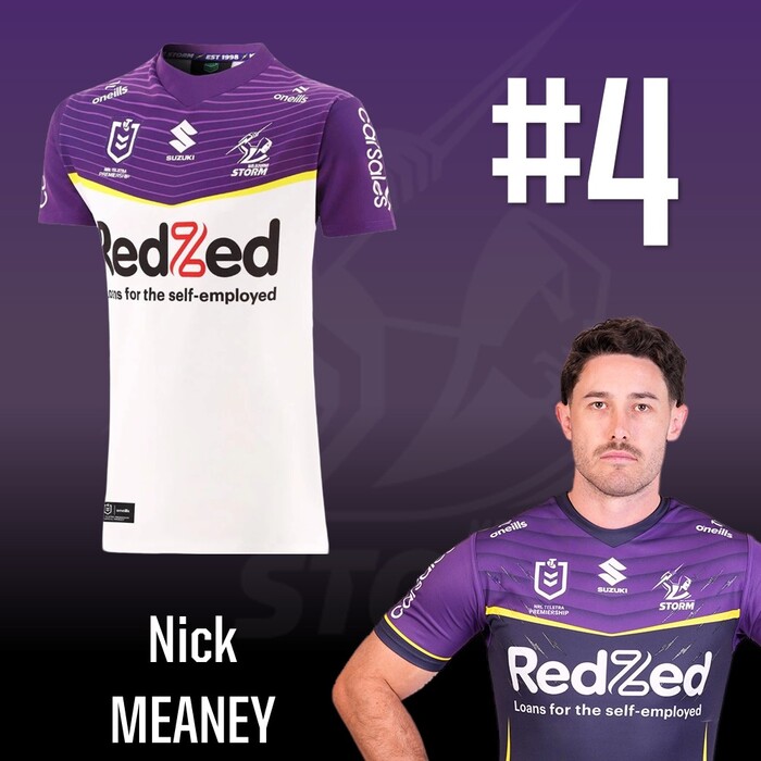 Photo of Nick Meaney #4 2025 Melbourne Storm Away Match-Worn Jersey