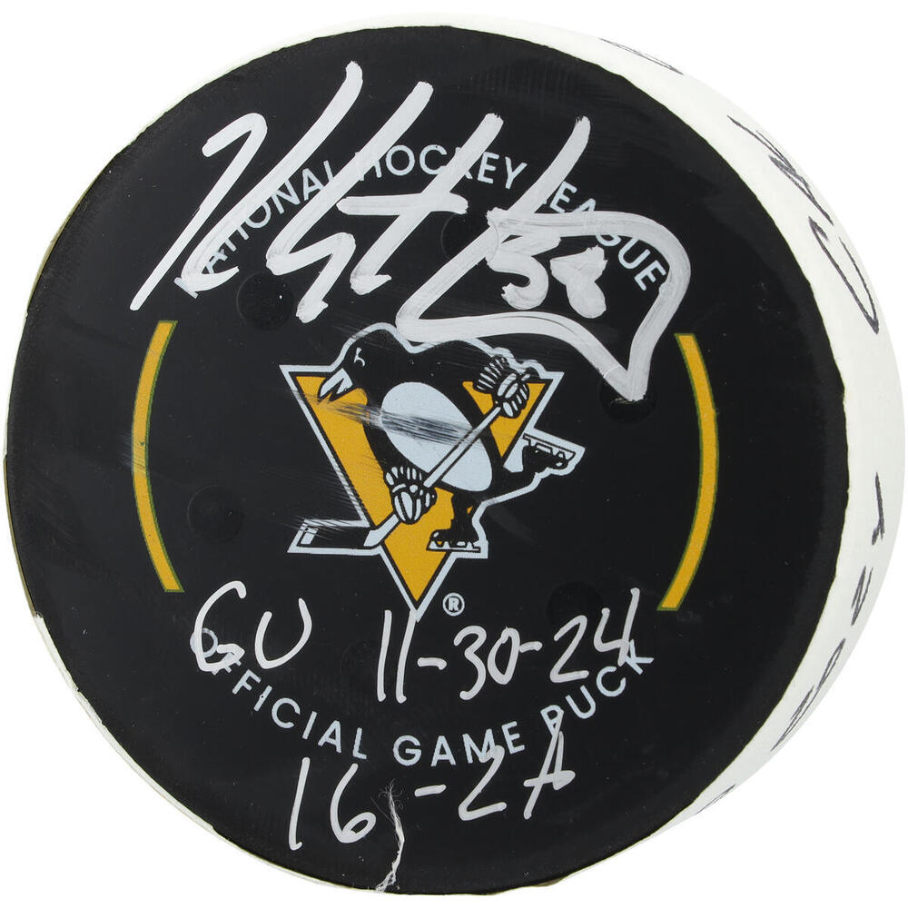 Kris Letang Pittsburgh Penguins Autographed Game-Used Puck vs. Calgary Flames on November 30, 2024 with Multiple Inscriptions