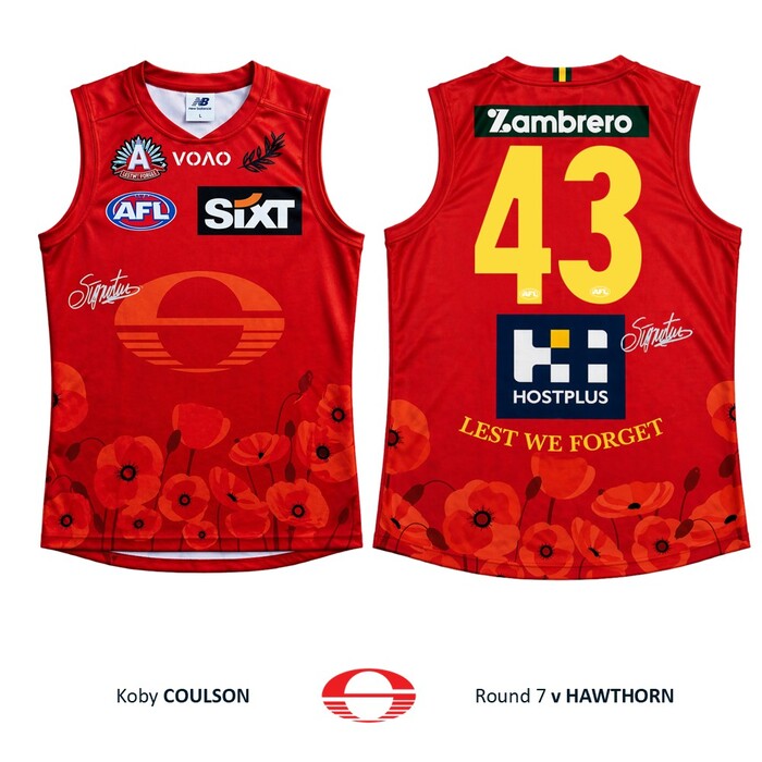 Photo of Koby Coulson #43 Gold Coast SUNS ANZAC Appeal Round Player-Issue Guernsey