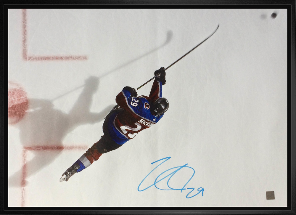 Nathan MacKinnon Signed 20x29 Canvas Framed Avalanche Burgundy Overhead