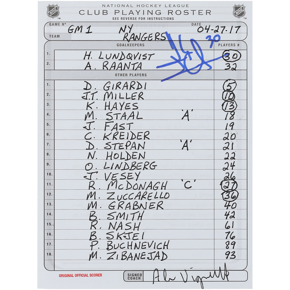 Henrik Lundqvist New York Rangers Autographed Game-Used Lineup Card vs. Ottawa Senators on April 27, 2017