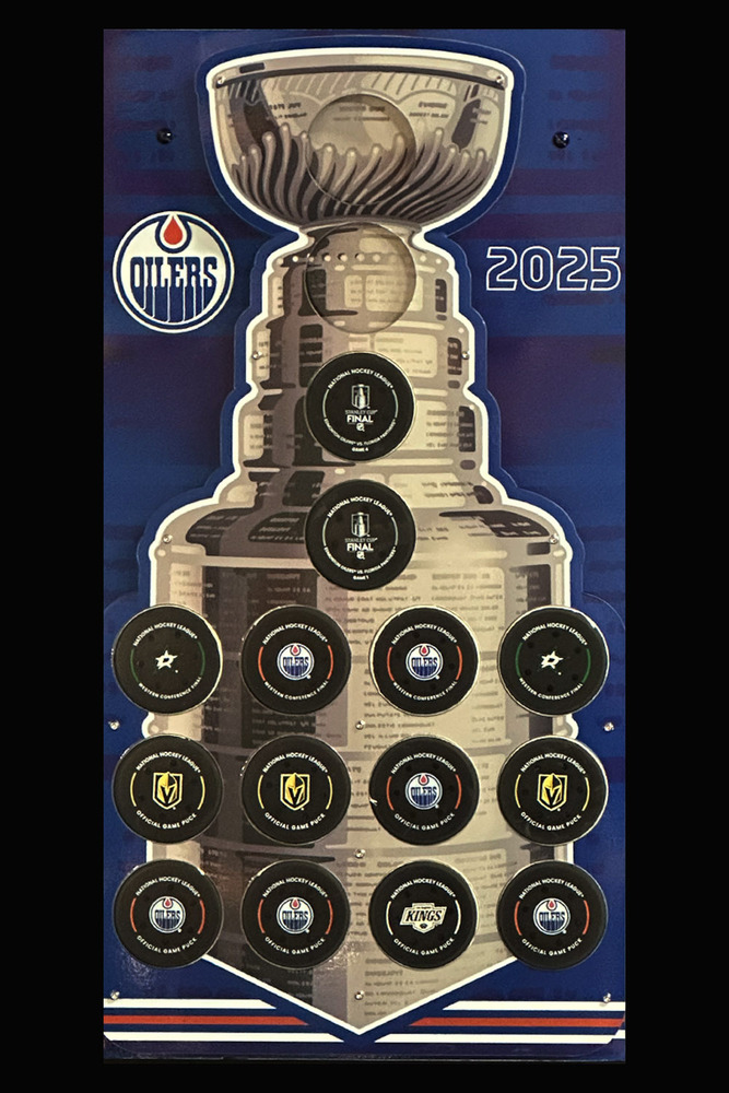 Edmonton Oilers Locker Room Custom Puck Display With Game Pucks Representing The Team's 2025 Stanley Cup Play-offs Home And Road Wins!  
