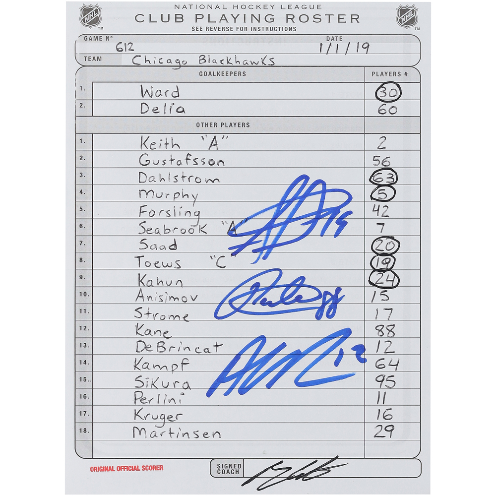 Alex DeBrincat, Patrick Kane, and Jonathan Toews Chicago Blackhawks Autographed Game-Used Lineup Card vs. Boston Bruins on January 1, 2019